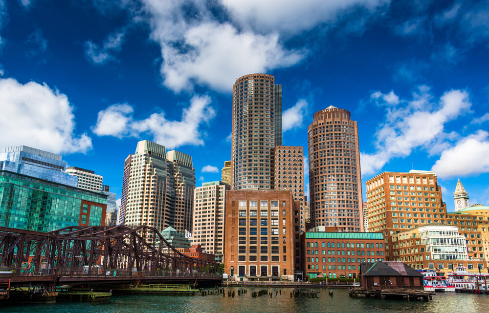 A bridge and the Boston Skyline, seen from Fort Point. (1)